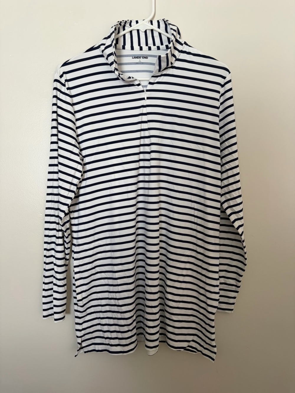 Lands’ End Women's 1/4 Zip Long Sleeve Tunic Rash Guard Cover-up Coastal Stripes